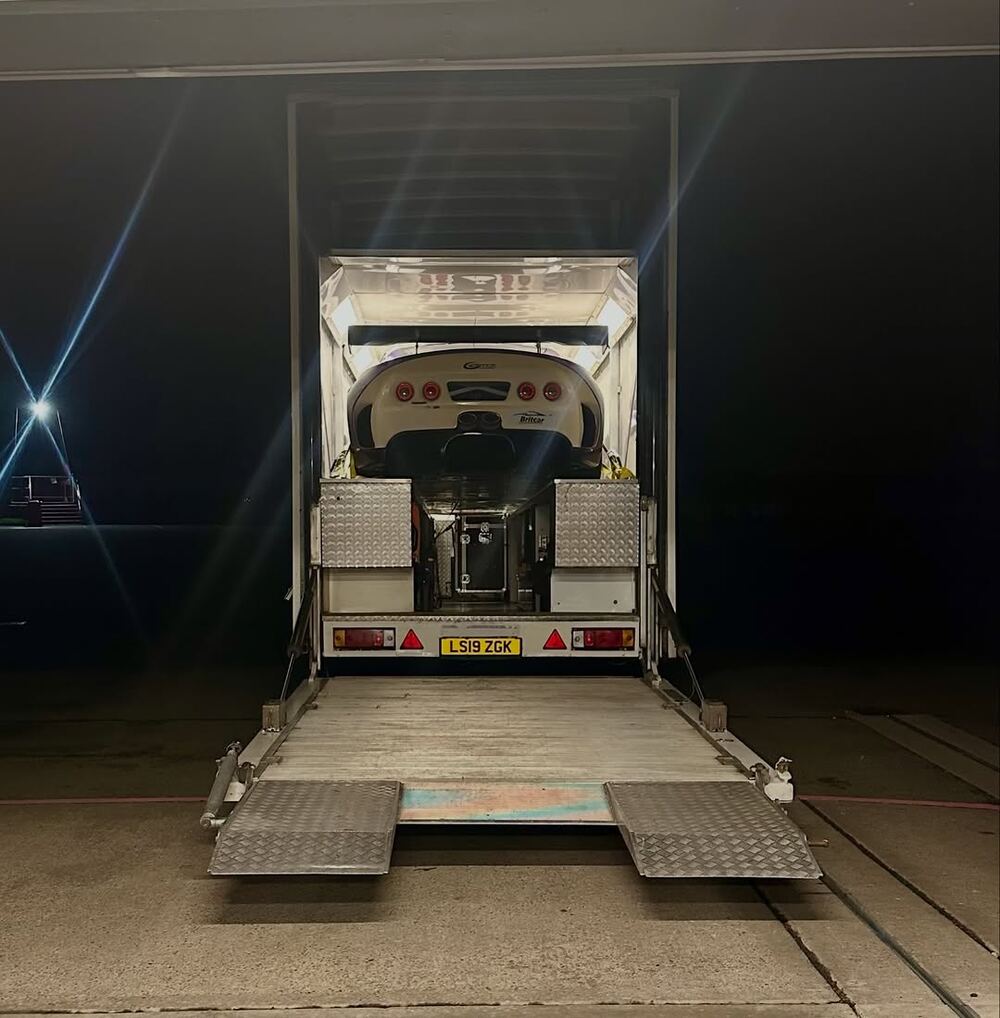 Race transporter at night